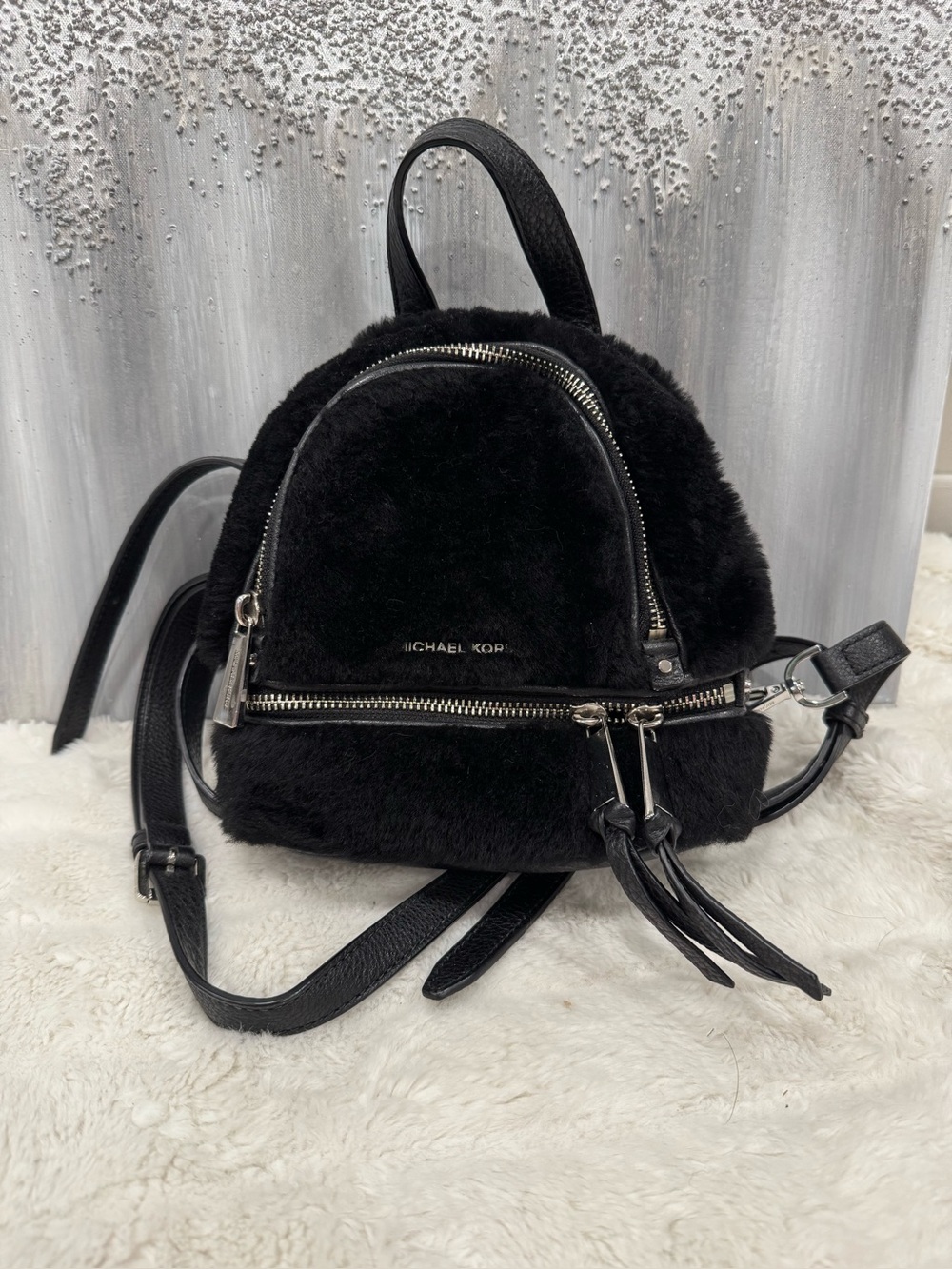 Michael Kors Black Faux-Fur Mini Backpack with Silver Hardware